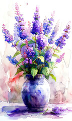 Watercolor illustration of a bouquet of lavender in a vase. - 797449600