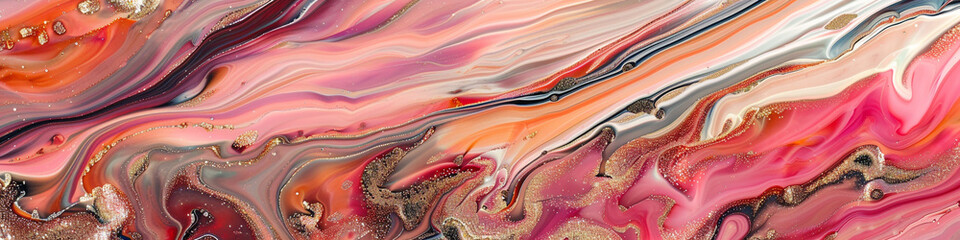 Coral cascade marble ink flowing down a panoramic abstract setting, twinkling with radiant glitters. - Powered by Adobe