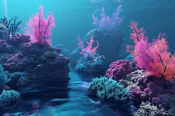 Fototapeta na wymiar Neon Genesis Landscapes: Radiant Coral Reefs in Digital Neon Archipelagos