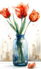 Tulips in a glass vase on a white background. - 797449813