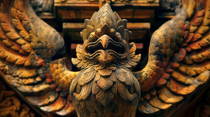 Close-up Garuda wooden statue a large mythical king of bird.