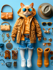 A cat wearing sunglasses, hat and shorts with sneakers is standing on the ground, surrounded by various accessories such as handbag, belt, socks, shoes