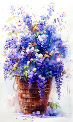 Bouquet of blue wisteria in a basket on a white background. - 797450038