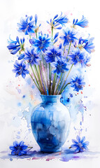 Blue flowers in a vase on a white background. Watercolor painting - 797450284