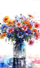 Bouquet of wildflowers in a glass vase. Watercolor illustration. - 797450448