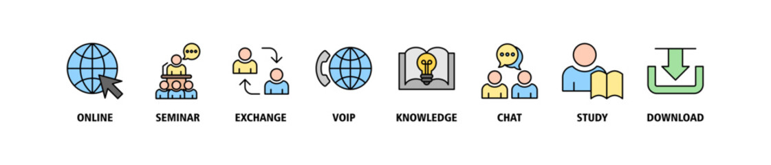 E-learning banner web icon set vector illustration concept with icon of online, seminar, exchange, voip, knowledge, chat, study and download