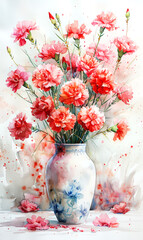Bouquet of pink carnations in a vase on a white background. - 797450639