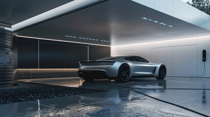A sleek unrecognizable electric car showcases its design in a modern minimalist garage, reflecting a blend of luxury, technology and futurism