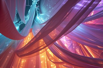 Virtual Light Ribbon Canopy: Cybernetic Silk Ceilings Dreamscape - obrazy, fototapety, plakaty
