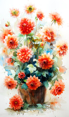 Colorful dahlia flowers in vase, watercolor painting. - 797450898