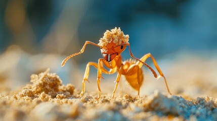 A macro shot of a fiery red fire ant carrying a food crumb back to its nest - obrazy, fototapety, plakaty