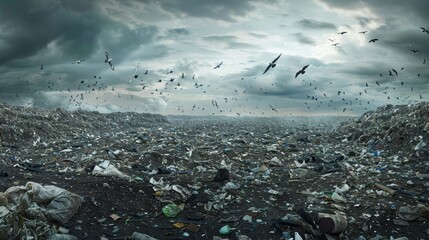 A panoramic view of a vast landfill site covered in layers of discarded waste debris and litter with swarms of birds flying overhead against an ominous cloudy sky
 - obrazy, fototapety, plakaty