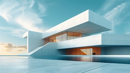 Sleek and Angular White Building with Clean Architectural Elements and Interplay of Light and Shadow