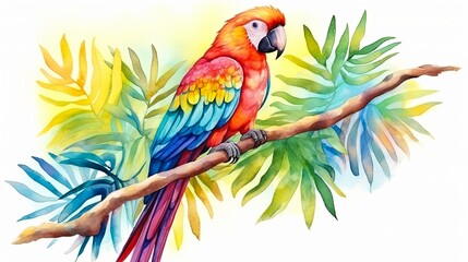 Obraz premium A watercolor painting of a parrot sitting on a branch with green leaves.