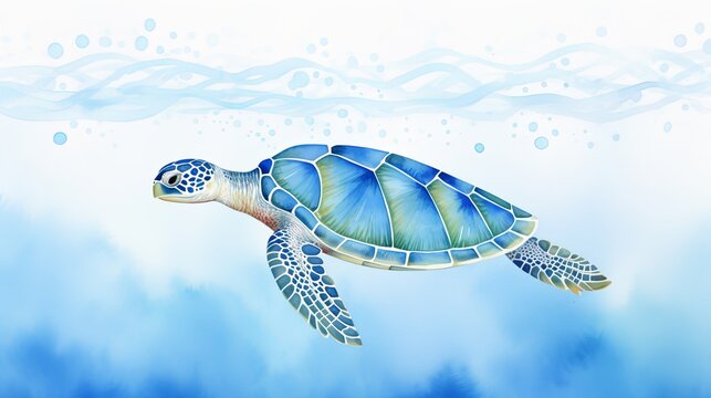 A watercolor painting of a sea turtle swimming in the ocean.
