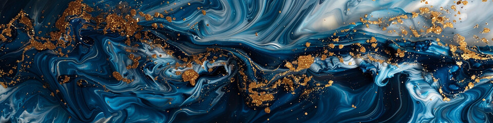 Cobalt currents marble ink flowing across an expansive abstract backdrop, adorned with delicate glitters.