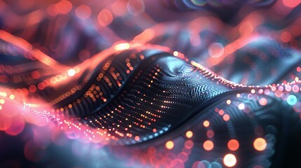 A captivating image of fluorescent tech curves intertwined with detailed circuitry under a haze of soft bokeh lights
