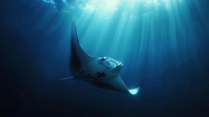 A majestic manta ray gliding effortlessly through the ocean depths, captivating viewers with its graceful movements. - obrazy, fototapety, plakaty