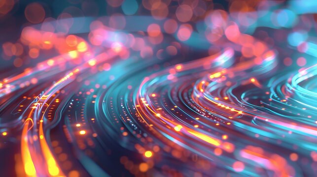 A captivating image of fluorescent tech curves intertwined with detailed circuitry under a haze of soft bokeh lights
