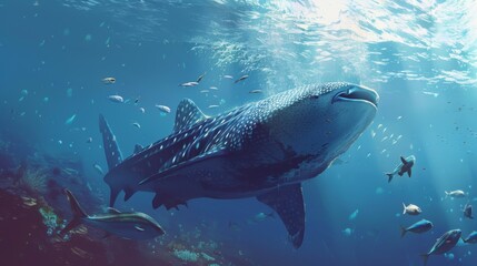 Fototapeta premium A majestic whale shark gliding through the open ocean, dwarfing the smaller fish swimming in its wake.