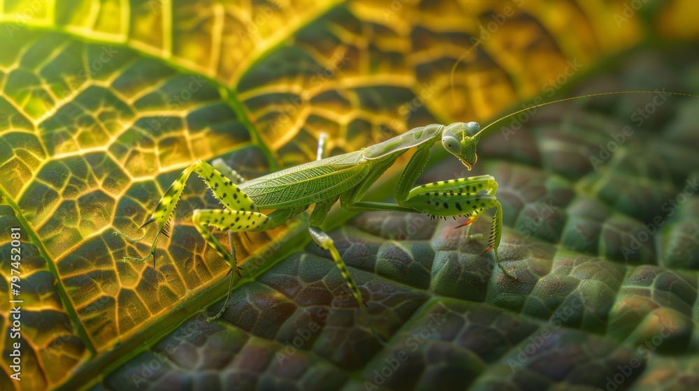 Aufkleber A mantis nymph exploring the intricate patterns of a leaf, blending in with its surroundings.