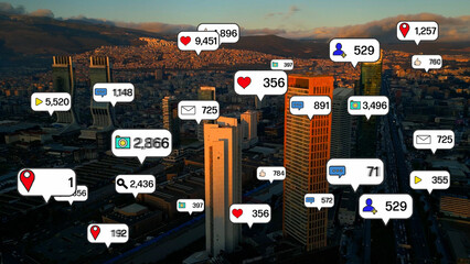 Social media and notification icons over the cities. social network concept. high quality