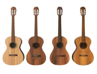 Obraz premium 3D render of six different wood acoustic guitars isolated transparent background PNG 