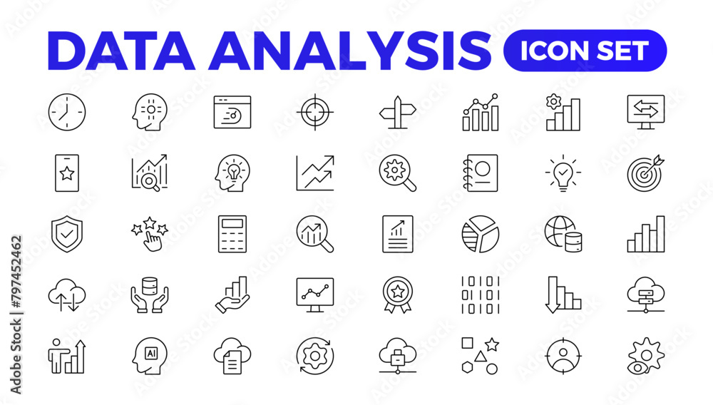 Poster data analytics icon set. big data analysis technology symbol. containing database,computing and netw