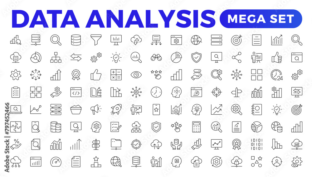 Poster data analytics icon set. big data analysis technology symbol. containing database,computing and netw