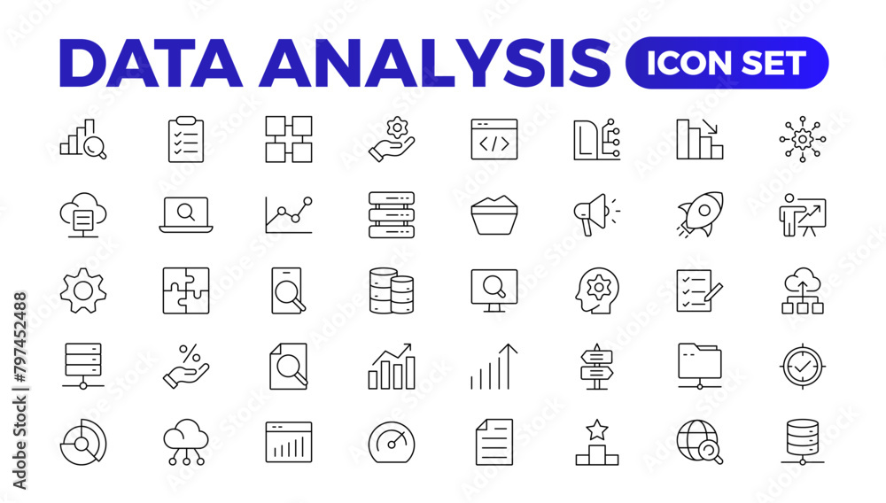 Poster data analytics icon set. big data analysis technology symbol. containing database,computing and netw