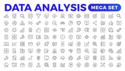Data analytics icon set. Big data analysis technology symbol. Containing database,computing and network icons. Solid icons vector collection.Data line Analytics, AI, hosting, monitoring. outline icon