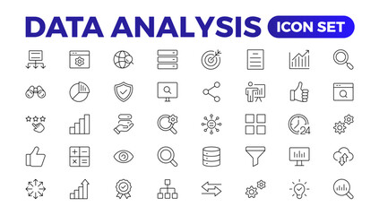 Fototapeta na wymiar Data analytics icon set. Big data analysis technology symbol. Containing database,computing and network icons. Solid icons vector collection.Data line Analytics, AI, hosting, monitoring. outline icon