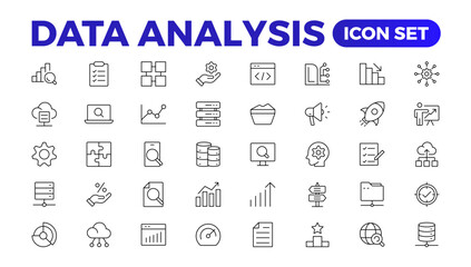 Data analytics icon set. Big data analysis technology symbol. Containing database,computing and network icons. Solid icons vector collection.Data line Analytics, AI, hosting, monitoring. outline icon