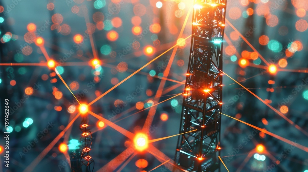 Poster a network of interconnected signal towers forming a web of communication