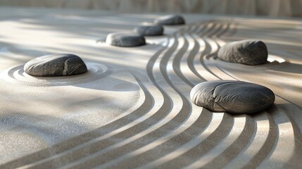 A soothing image of a minimalist zen garden, with raked sand and neatly arranged stones