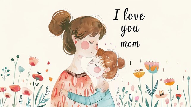 Holiday card for Mother's Day on a white background, vector drawing of a mother hugging a child and the inscription I love you mom