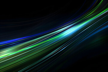 Dynamic blue and green neon light rays. Stunning wallpaper on black background.