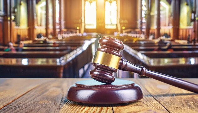 visual concept featuring a gavel in a courtroom, symbolizing the essence of law and authority