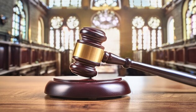 visual concept featuring a gavel in a courtroom, symbolizing the essence of law and authority