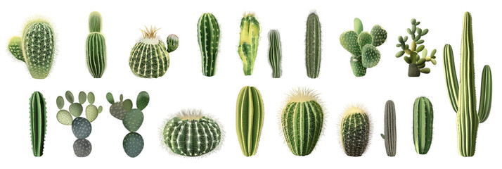 A series of cacti in various shapes and sizes