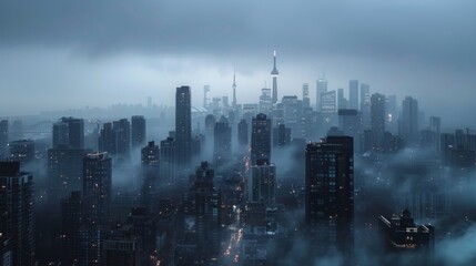 Fototapeta premium A panoramic view of a city skyline shrouded in mist and rain, creating a moody and atmospheric urban scene.