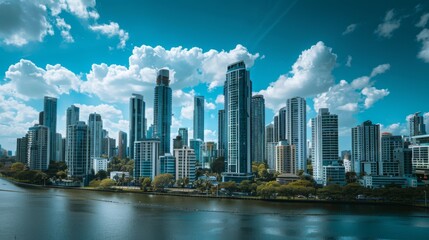 A panoramic view of a modern city skyline dominated by sleek high-rise buildings