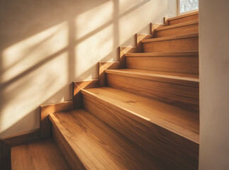 Modern wooden stairs in a warm house.