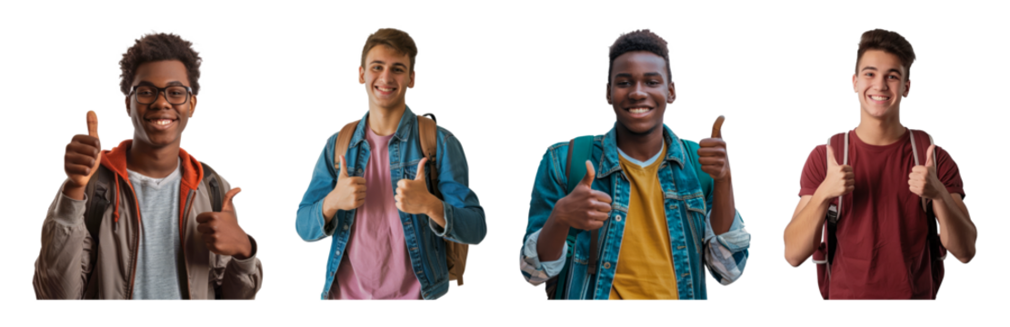 University students giving thumbs up with backpacks cut out png on transparent background - Powered by Adobe