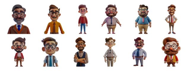 Diverse male characters in various outfits cut out png on transparent background