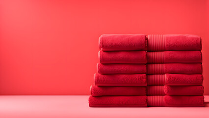 A stack of red towels on a pink background