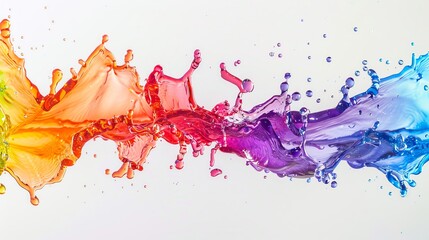 Dynamic splash of colorful liquids merging mid-air, forming a rainbow arc against a clean, white background