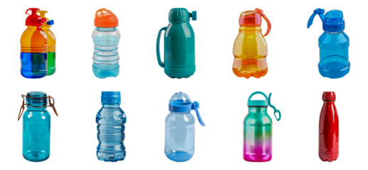 Variety of colorful reusable water bottles isolated cut out png on transparent background