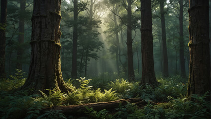 Obraz premium dark forest , Dark foggy forest, A dense forest with a thick layer of fog covering the trees, nightmare forest with creepy trees