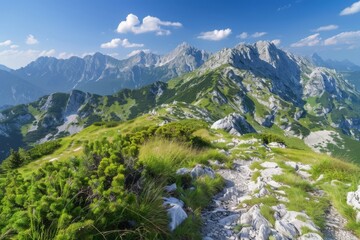 Fototapeta na wymiar Panoramic View of a Mountain Range Under a Clear Blue Sky - Nature Scenery, Outdoor Adventure, Travel Destinations